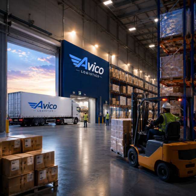 Modern Avico Logistics warehousing and distribution center featuring branded storage facility, freight truck, pallet storage, and forklift operations for secure global supply chain management.