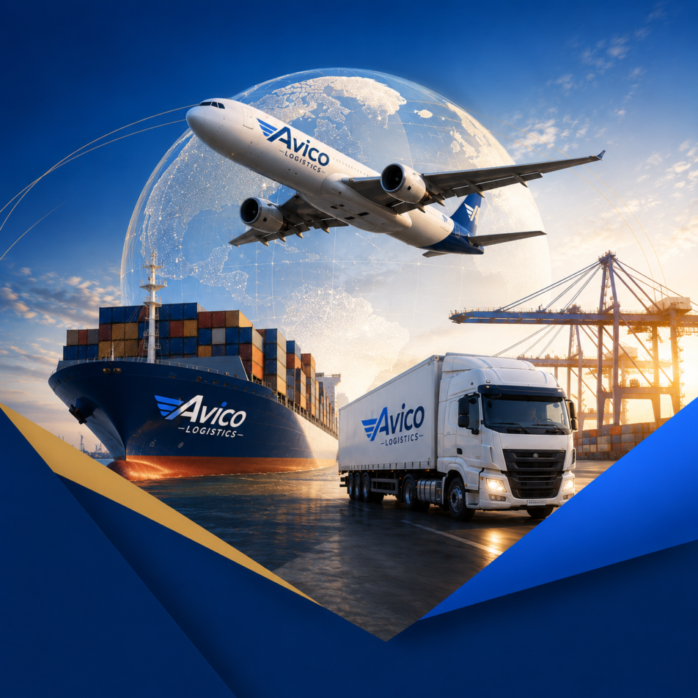 Avico Logistics global transportation and supply chain services featuring branded cargo airplane, container ship, and freight truck for international air, ocean, and ground logistics solutions.