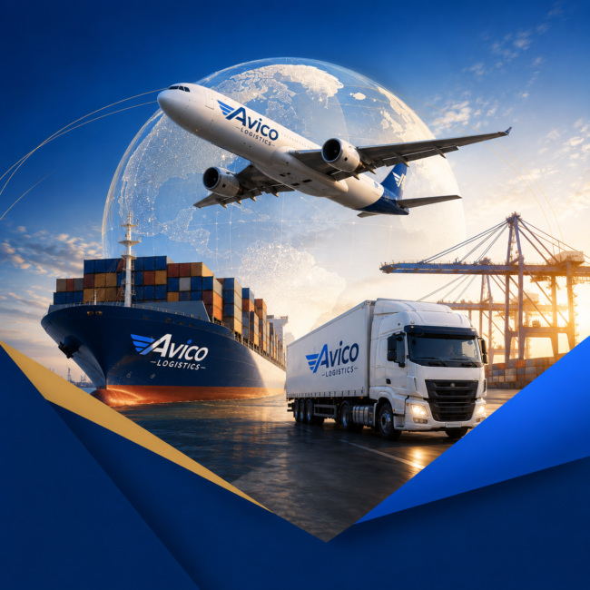 Avico Logistics global transportation and supply chain services featuring branded cargo airplane, container ship, and freight truck for international air, ocean, and ground logistics solutions.