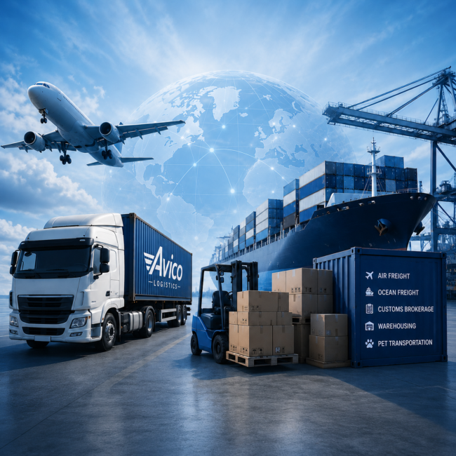 Avico Logistics global freight transportation services featuring cargo ship, airplane, truck container, warehouse operations, and international shipping network.