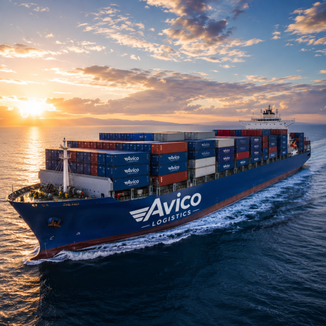 Avico Logistics container cargo ship navigating the ocean at sunset representing worldwide ocean freight and international shipping services.