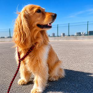 Dog prepared for international pet travel at the airport under a clear blue sky.