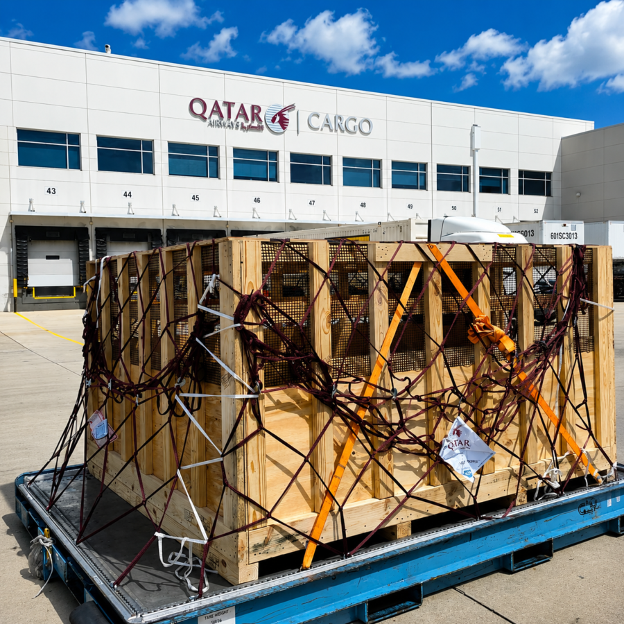 Professional pet shipping logistics using secure transport crates at the airport.