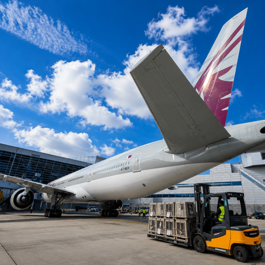 Airline-approved pet transportation crate prepared for international shipping.