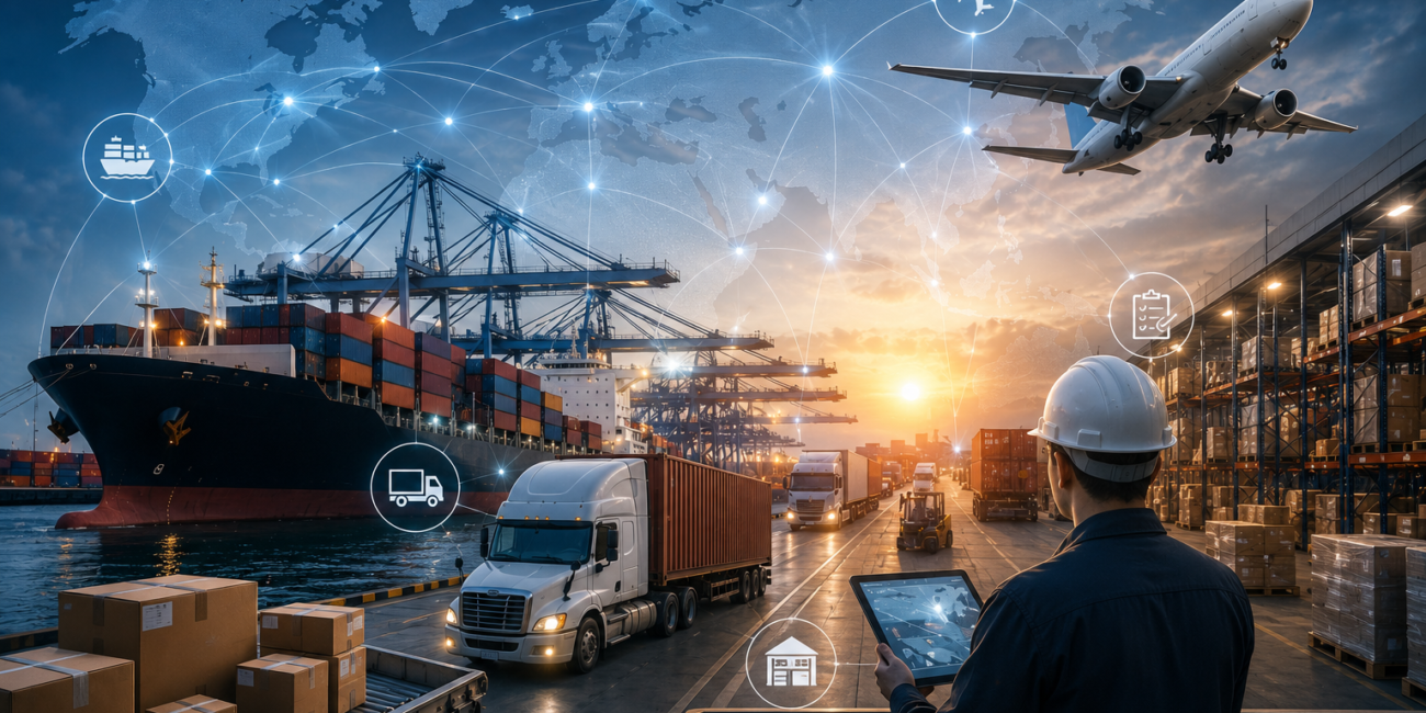 Efficient global supply chain with cargo ship, container truck, air freight aircraft, warehouse operations, and worldwide logistics network.