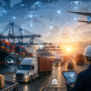Efficient global supply chain with cargo ship, container truck, air freight aircraft, warehouse operations, and worldwide logistics network.