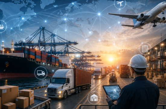 Efficient global supply chain with cargo ship, container truck, air freight aircraft, warehouse operations, and worldwide logistics network.