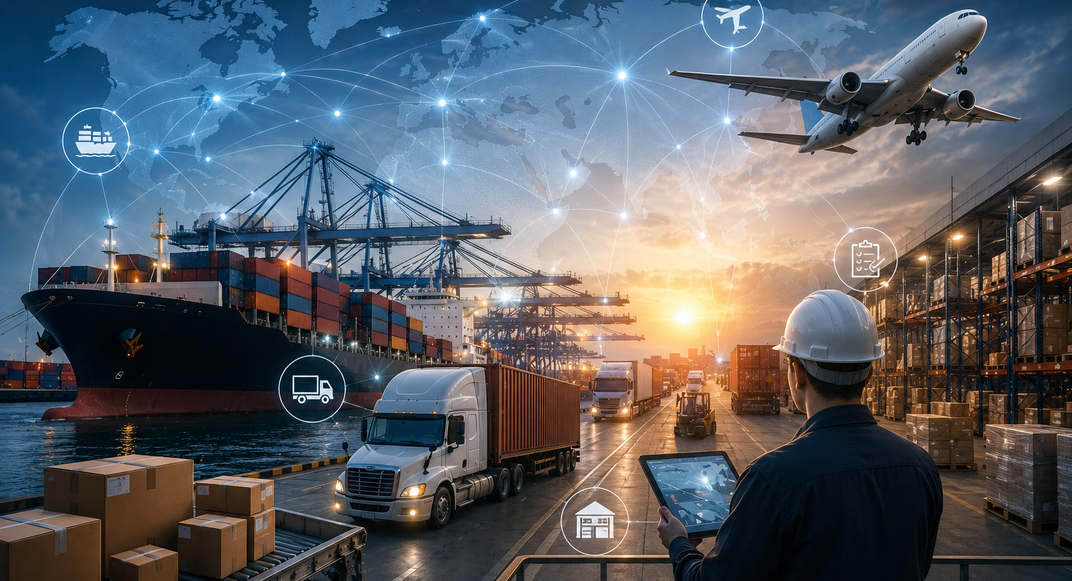 Efficient global supply chain with cargo ship, container truck, air freight aircraft, warehouse operations, and worldwide logistics network.