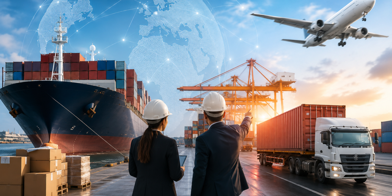 Global freight forwarding operations with cargo ship, air freight aircraft, container truck, and logistics professionals coordinating worldwide transportation and supply chain solutions.