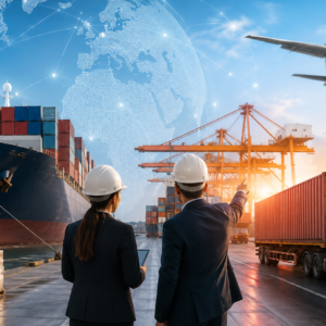 Global freight forwarding operations with cargo ship, air freight aircraft, container truck, and logistics professionals coordinating worldwide transportation and supply chain solutions.