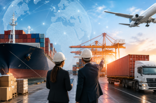 Global freight forwarding operations with cargo ship, air freight aircraft, container truck, and logistics professionals coordinating worldwide transportation and supply chain solutions.
