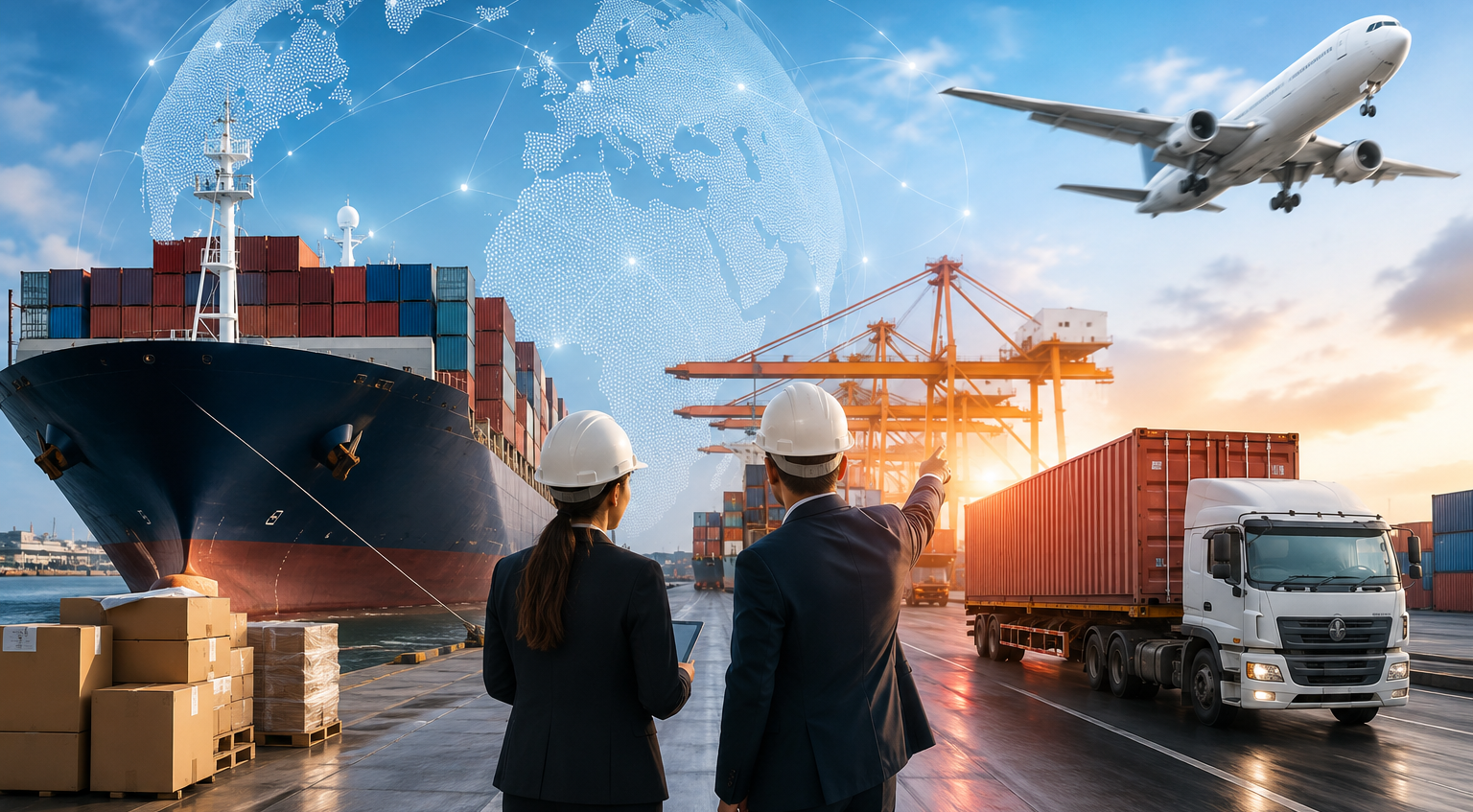 Global freight forwarding operations with cargo ship, air freight aircraft, container truck, and logistics professionals coordinating worldwide transportation and supply chain solutions.