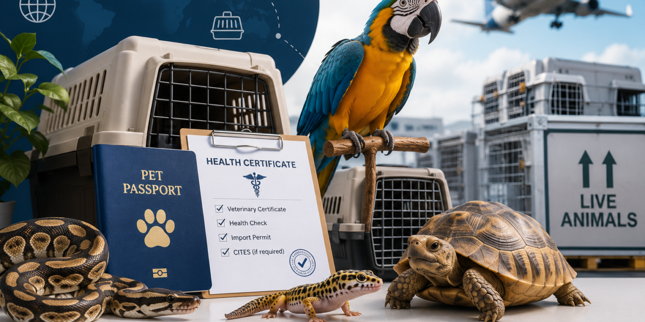 International exotic pet transportation with a parrot, tortoise, snake, and gecko prepared for safe worldwide air travel using professional pet shipping services.