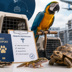 International exotic pet transportation with a parrot, tortoise, snake, and gecko prepared for safe worldwide air travel using professional pet shipping services.