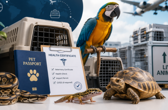 International exotic pet transportation with a parrot, tortoise, snake, and gecko prepared for safe worldwide air travel using professional pet shipping services.