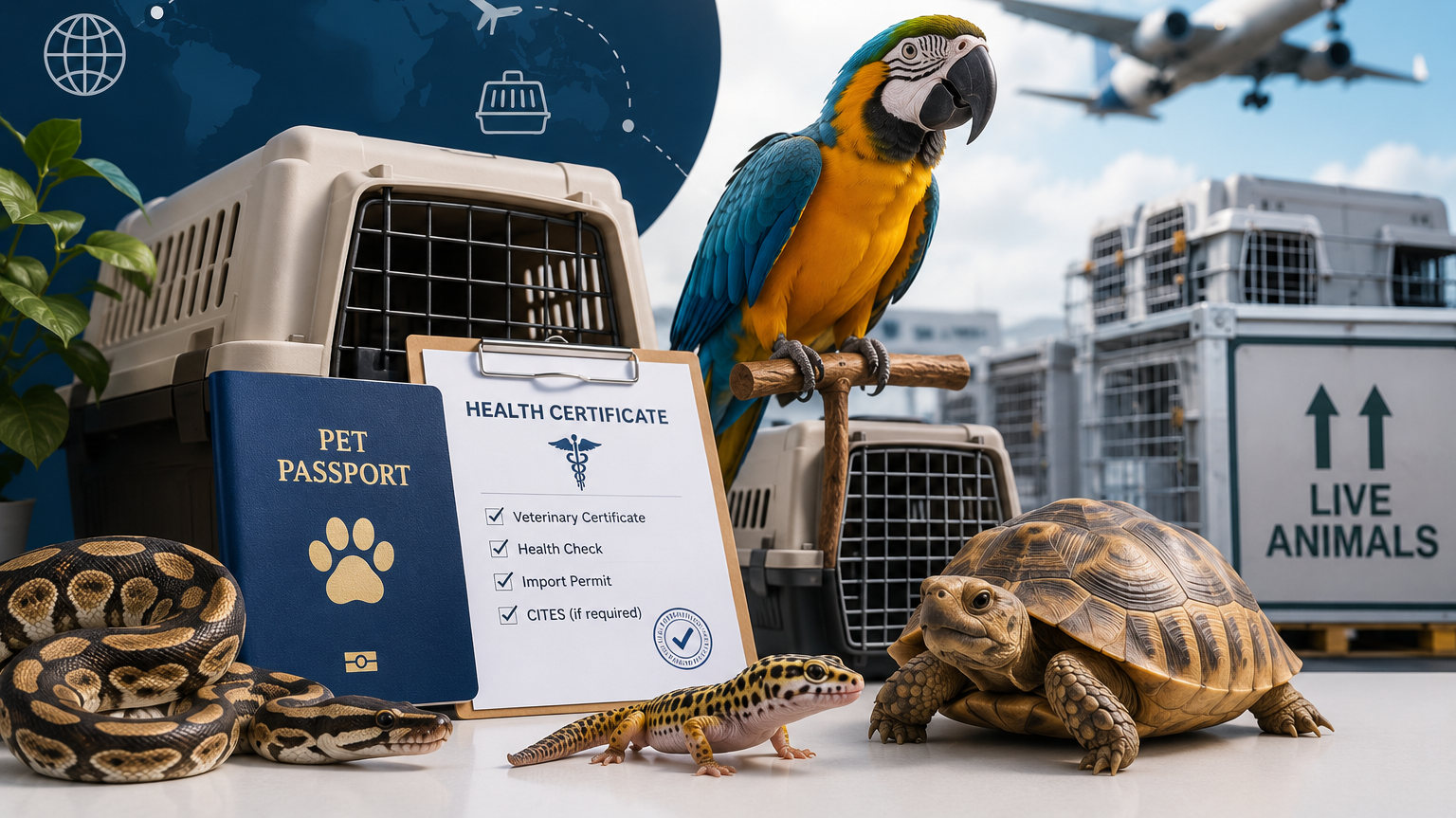 International exotic pet transportation with a parrot, tortoise, snake, and gecko prepared for safe worldwide air travel using professional pet shipping services.