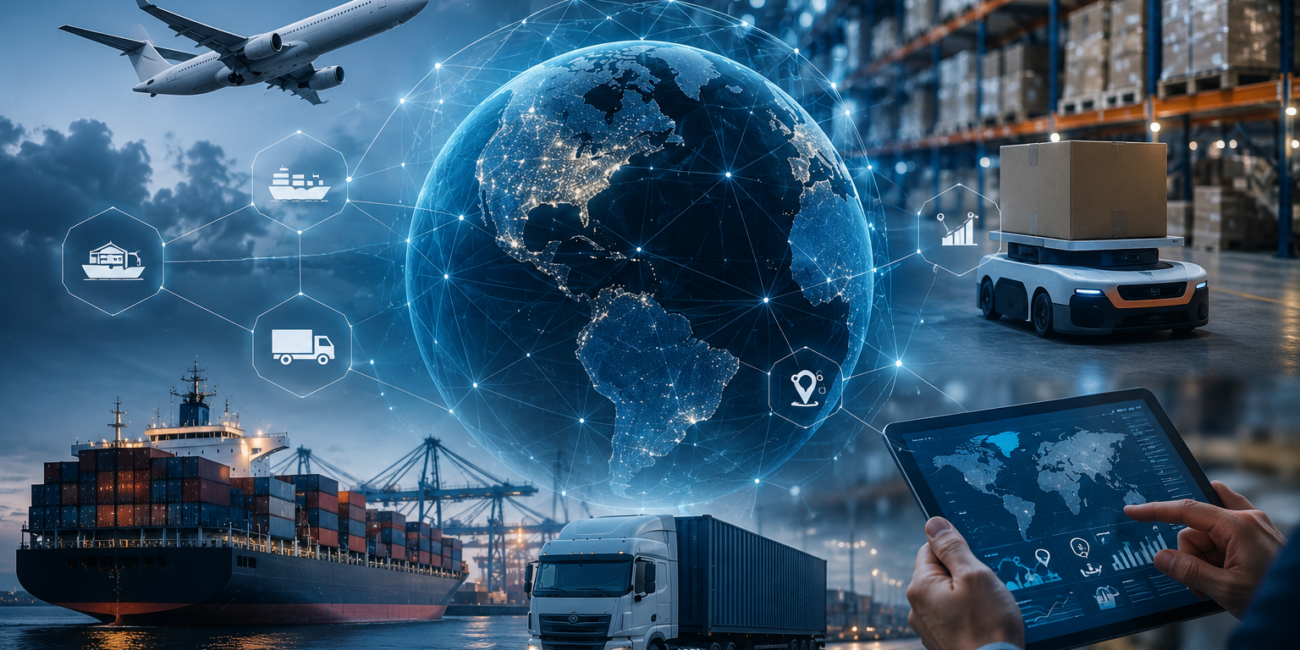 Global logistics trends for 2026 featuring freight forwarding, supply chain management, warehousing, air freight, ocean freight, trucking, and digital logistics technology.