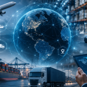Global logistics trends for 2026 featuring freight forwarding, supply chain management, warehousing, air freight, ocean freight, trucking, and digital logistics technology.