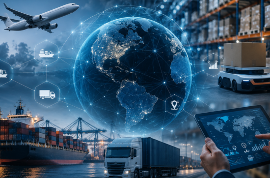 Global logistics trends for 2026 featuring freight forwarding, supply chain management, warehousing, air freight, ocean freight, trucking, and digital logistics technology.