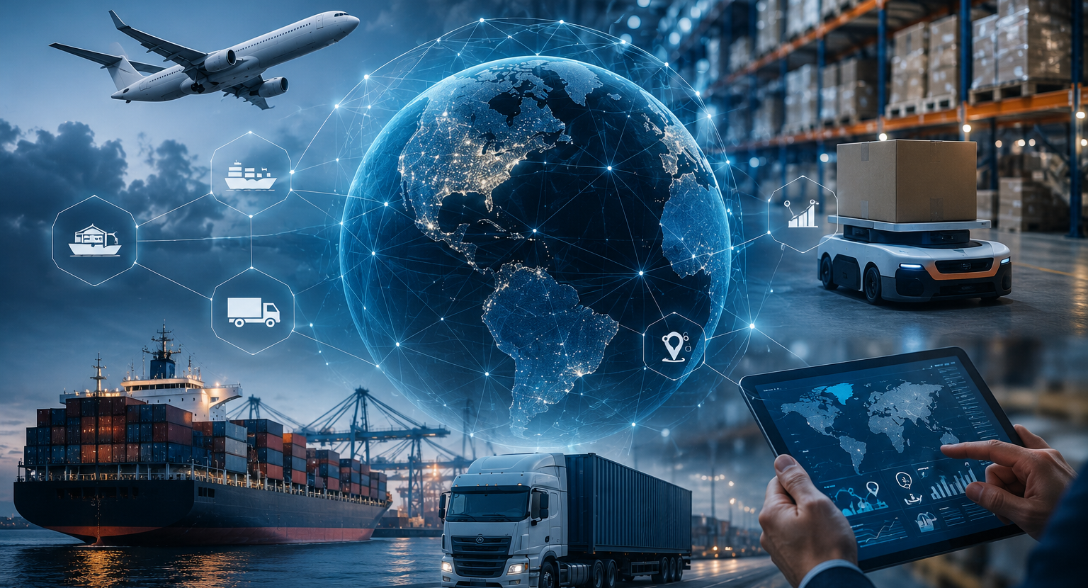 Global logistics trends for 2026 featuring freight forwarding, supply chain management, warehousing, air freight, ocean freight, trucking, and digital logistics technology.
