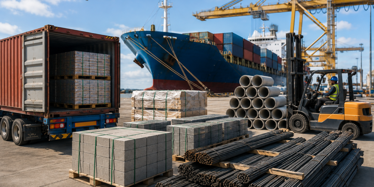 Construction materials including steel bars, concrete blocks, pipes, and palletized cargo prepared for international shipping at a commercial port with cargo vessel, containers, and logistics equipment.
