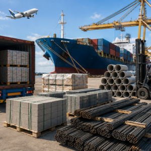 Construction materials including steel bars, concrete blocks, pipes, and palletized cargo prepared for international shipping at a commercial port with cargo vessel, containers, and logistics equipment.