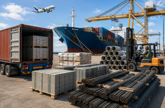Construction materials including steel bars, concrete blocks, pipes, and palletized cargo prepared for international shipping at a commercial port with cargo vessel, containers, and logistics equipment.