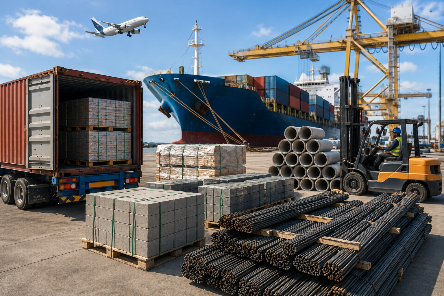 Construction materials including steel bars, concrete blocks, pipes, and palletized cargo prepared for international shipping at a commercial port with cargo vessel, containers, and logistics equipment.