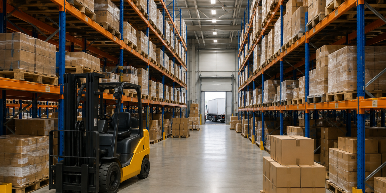 Modern warehouse with organized inventory, pallet racks, forklift, and storage operations supporting an efficient supply chain and logistics management.