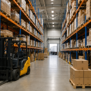 Modern warehouse with organized inventory, pallet racks, forklift, and storage operations supporting an efficient supply chain and logistics management.