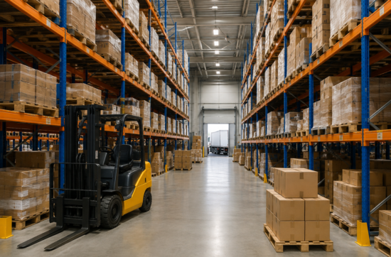 Modern warehouse with organized inventory, pallet racks, forklift, and storage operations supporting an efficient supply chain and logistics management.