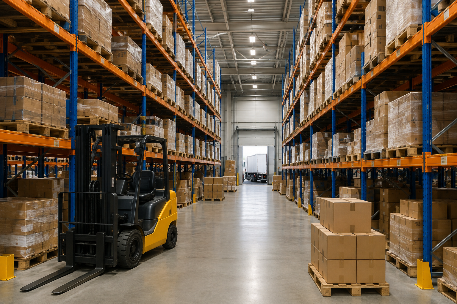 Modern warehouse with organized inventory, pallet racks, forklift, and storage operations supporting an efficient supply chain and logistics management.