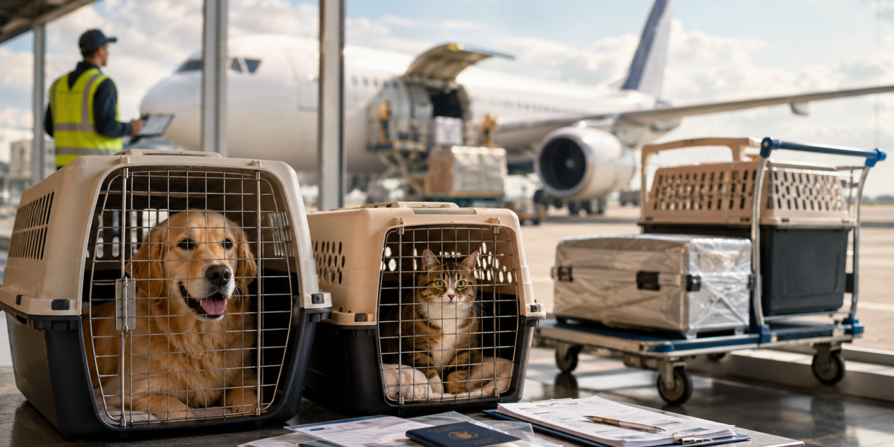 International pet relocation with dog and cat prepared for air travel with AVICO Logistics