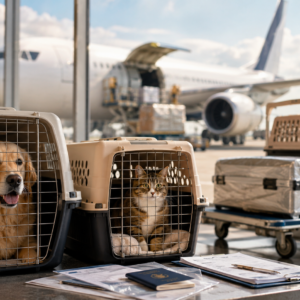 International pet relocation with dog and cat prepared for air travel with AVICO Logistics