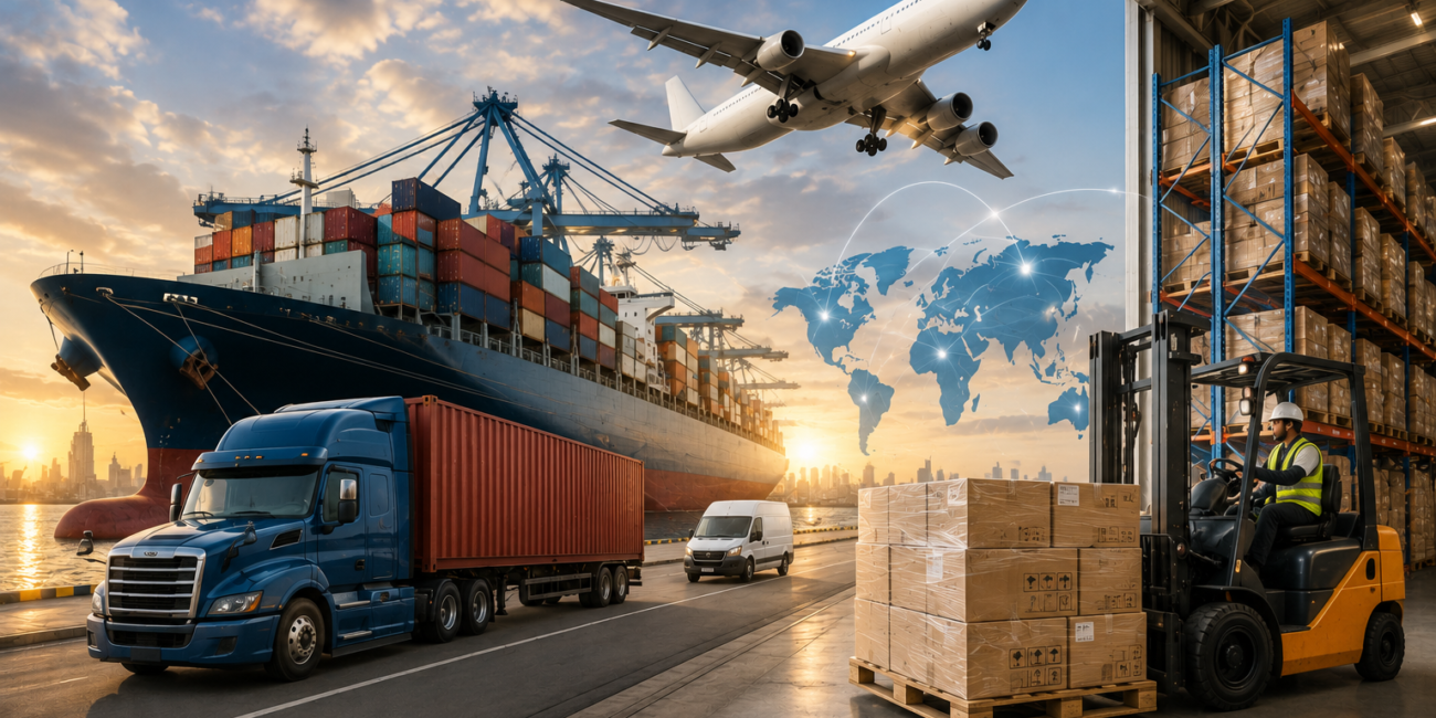 International freight operations featuring cargo containers, aircraft, cargo ship, warehouse, and logistics professionals coordinating global transportation.