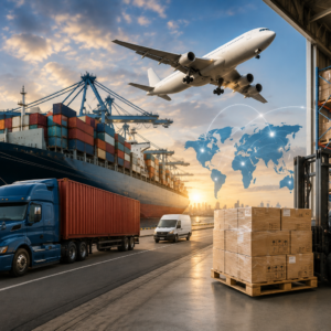 International freight operations featuring cargo containers, aircraft, cargo ship, warehouse, and logistics professionals coordinating global transportation.