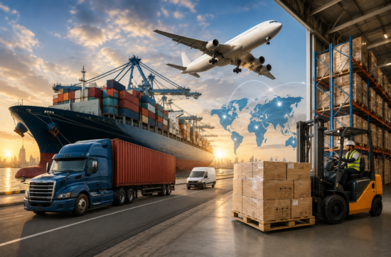 International freight operations featuring cargo containers, aircraft, cargo ship, warehouse, and logistics professionals coordinating global transportation.