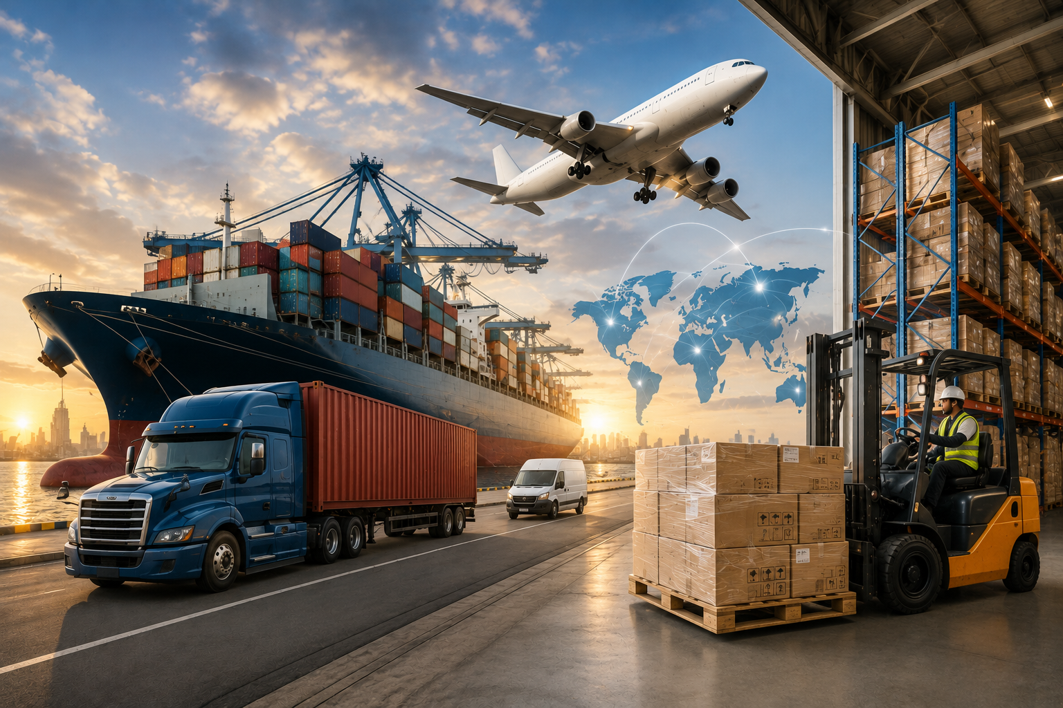 International freight operations featuring cargo containers, aircraft, cargo ship, warehouse, and logistics professionals coordinating global transportation.