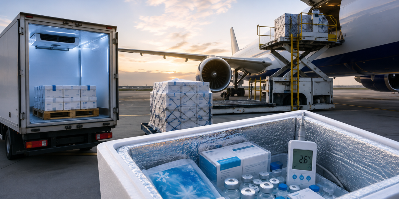 Temperature-controlled pharmaceutical shipment being loaded onto a cargo aircraft with refrigerated transport, insulated packaging, and secure cold chain logistics for international delivery.