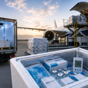 Temperature-controlled pharmaceutical shipment being loaded onto a cargo aircraft with refrigerated transport, insulated packaging, and secure cold chain logistics for international delivery.