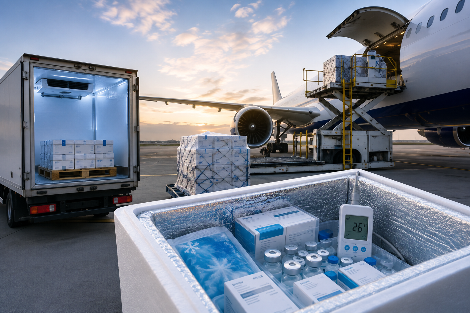 Temperature-controlled pharmaceutical shipment being loaded onto a cargo aircraft with refrigerated transport, insulated packaging, and secure cold chain logistics for international delivery.