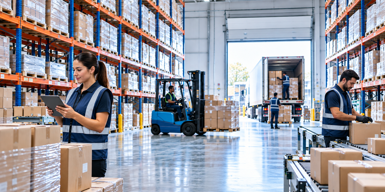 Modern 3PL warehousing operation with organized inventory, pallets, and logistics team managing storage and distribution.