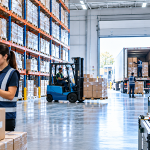 Modern 3PL warehousing operation with organized inventory, pallets, and logistics team managing storage and distribution.