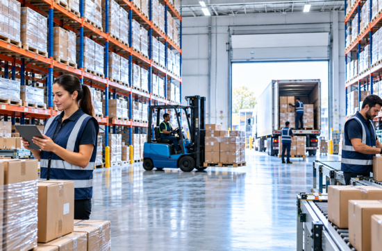 Modern 3PL warehousing operation with organized inventory, pallets, and logistics team managing storage and distribution.