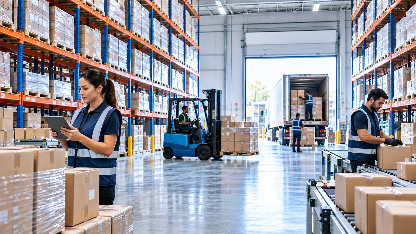 Modern 3PL warehousing operation with organized inventory, pallets, and logistics team managing storage and distribution.