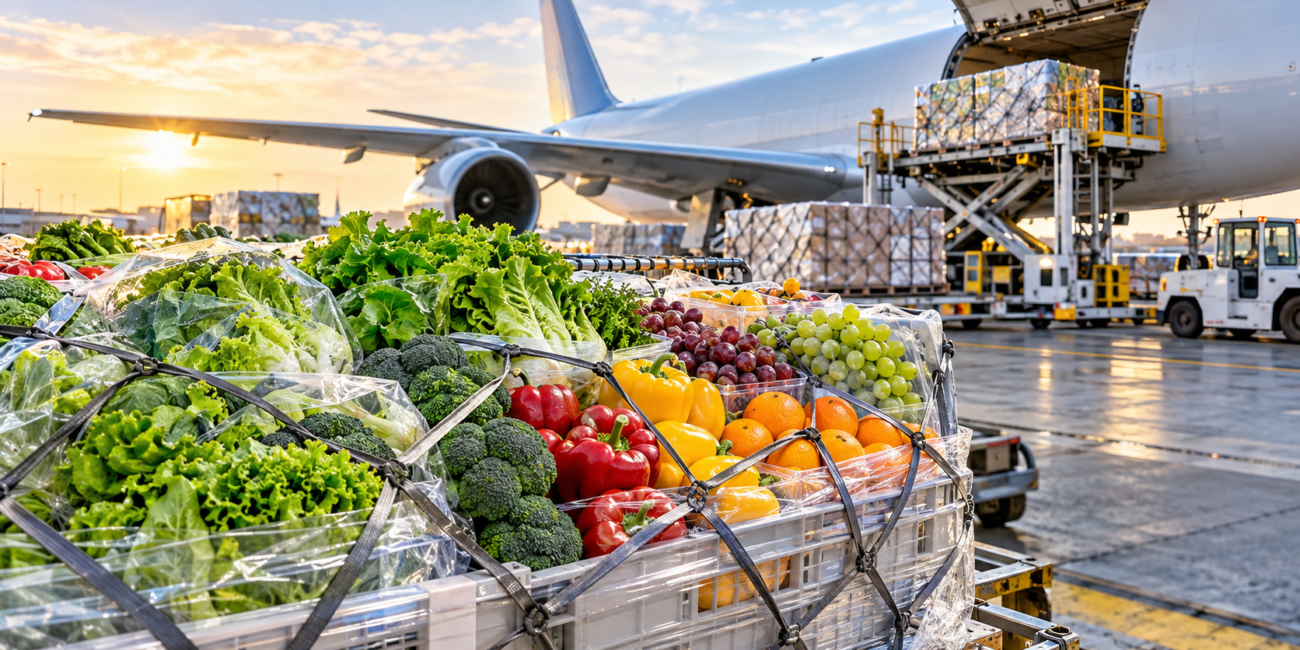 Fresh produce transportation with fruits and vegetables prepared for international air freight and temperature-controlled logistics.