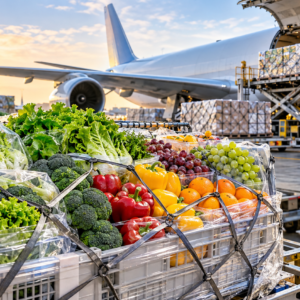 Fresh produce transportation with fruits and vegetables prepared for international air freight and temperature-controlled logistics.