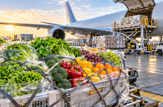 Fresh produce transportation with fruits and vegetables prepared for international air freight and temperature-controlled logistics.