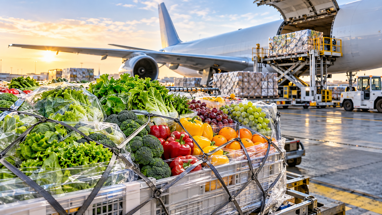 Fresh produce transportation with fruits and vegetables prepared for international air freight and temperature-controlled logistics.