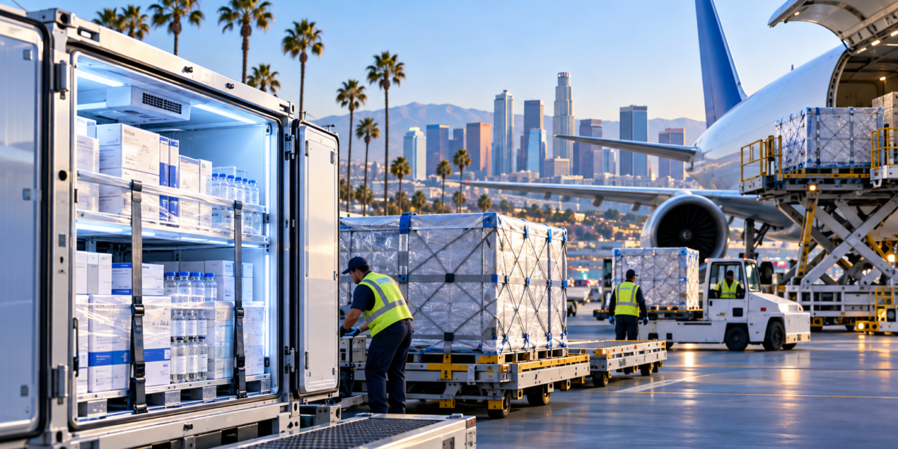 Pharmaceutical logistics in Los Angeles with temperature-controlled cargo handling and air freight operations near LAX.